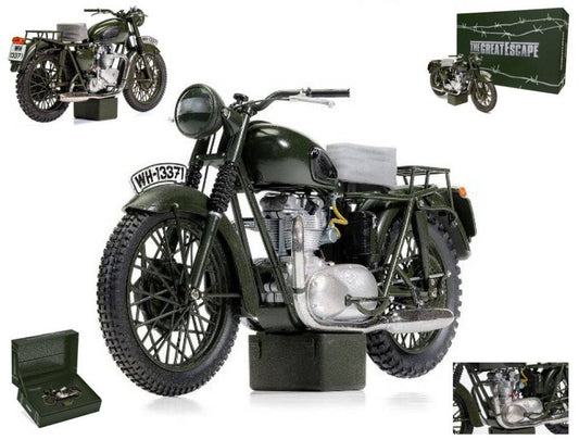 SCALE MODEL COMPATIBLE WITH TRIUMPH TR6 650 TROPHY "THE GREAT ESCAPE" S.MCQUEEN 1963 GREEN/MUD 1:12 CORGI CC08501