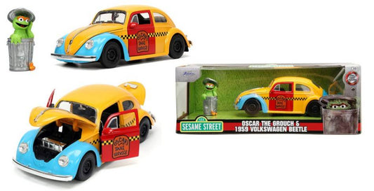 MODELLINO IN SCALA COMPATIBILE CON VOLKSWAGEN BEETLE WITH "OSCAR THE GROUCH" 1959 YELLOW/RED 1:24 JADA TOYS JADA253255059