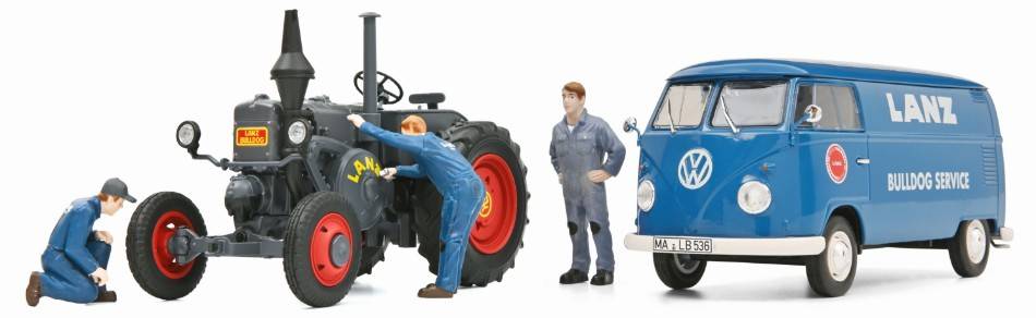 SCALE MODEL COMPATIBLE WITH VOLKSWAGEN T1B VAN LANZ ASSISTANCE WITH BULLDOG TRACTOR 1956 1:32 SCHUCO SH450785900