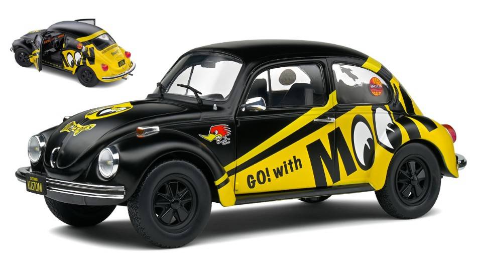 MODELLINO IN SCALA COMPATIBILE CON VW BEETLE 1303 MOONEYES 1974 BLACK/YELLOW 1:18 SOLIDO SL1800519