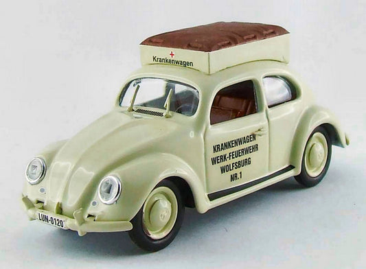 SCALE MODEL COMPATIBLE WITH VW BEETLE AMBULANCE WOLSBURG FIREFIGHTER 1950 1:43 RIO RI4403