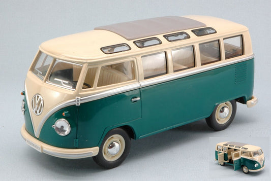 SCALE MODEL COMPATIBLE WITH VW SAMBA BUS 1962 GREEN/CREAM ROOF 1:24 KINSMART KT7005WGN