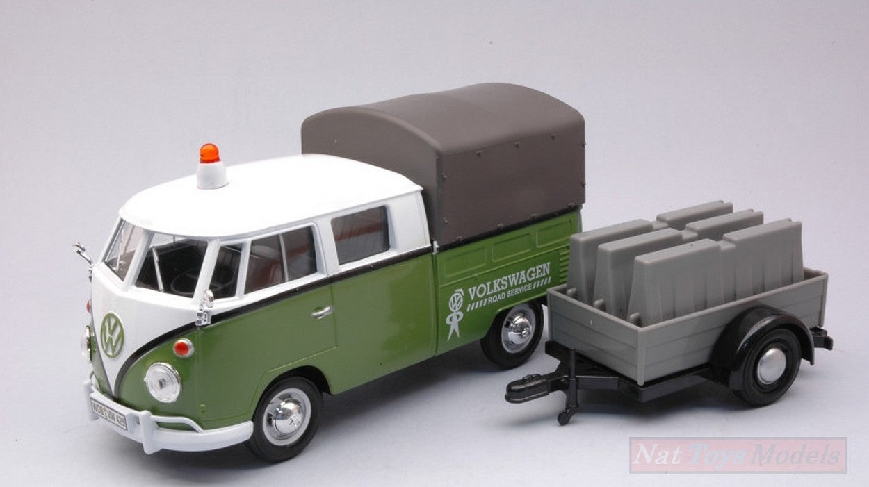 SCALE MODEL COMPATIBLE WITH VW T2 PICK UP ROAD MAINTENANCE TRAILER GREEN/WHITE 1:24 MOTORMAX MTM79676