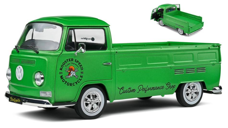 MODELLINO IN SCALA COMPATIBILE CON VW T2 PICK UP ROOSTER SPEED MOTORCYCLE CUSTOM 1968 GREEN 1:18 SOLIDO SL1809401